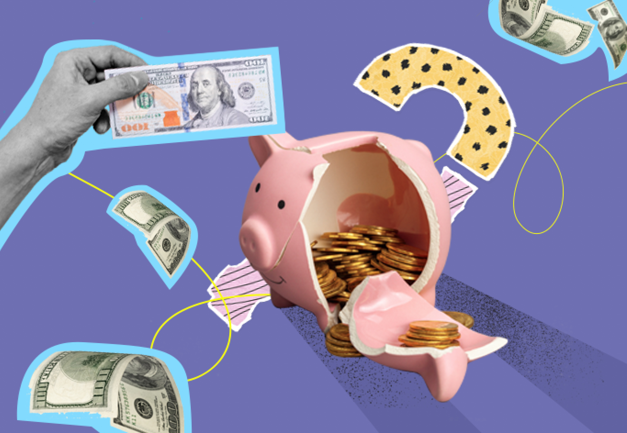 a broken piggy bank with coins and dollar bills