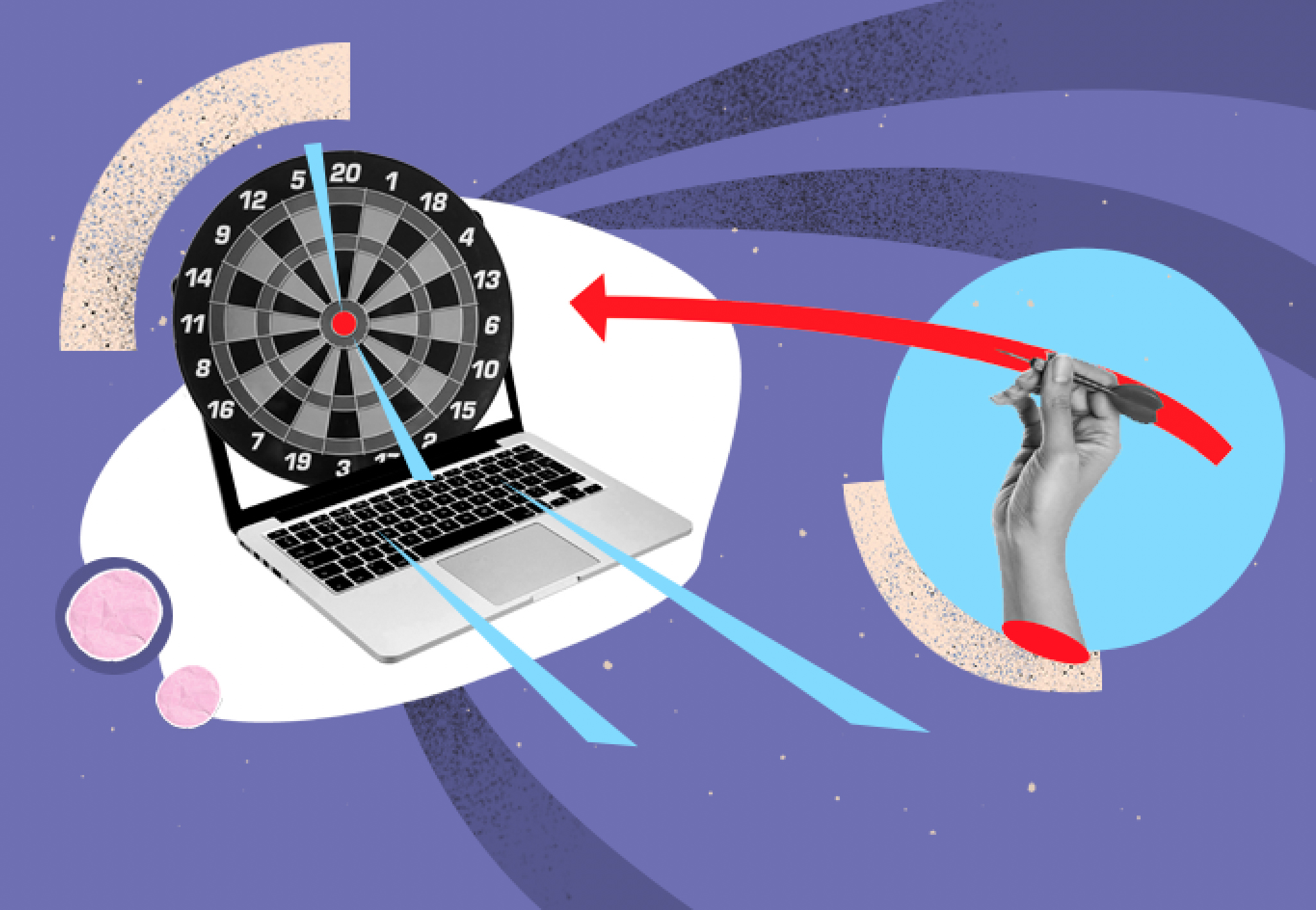 a laptop with a dart board and a hand pointing at it