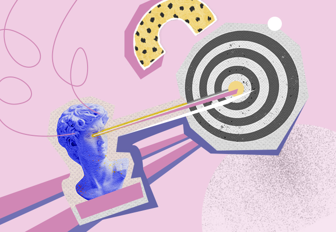 a portrait bust is aiming at a target